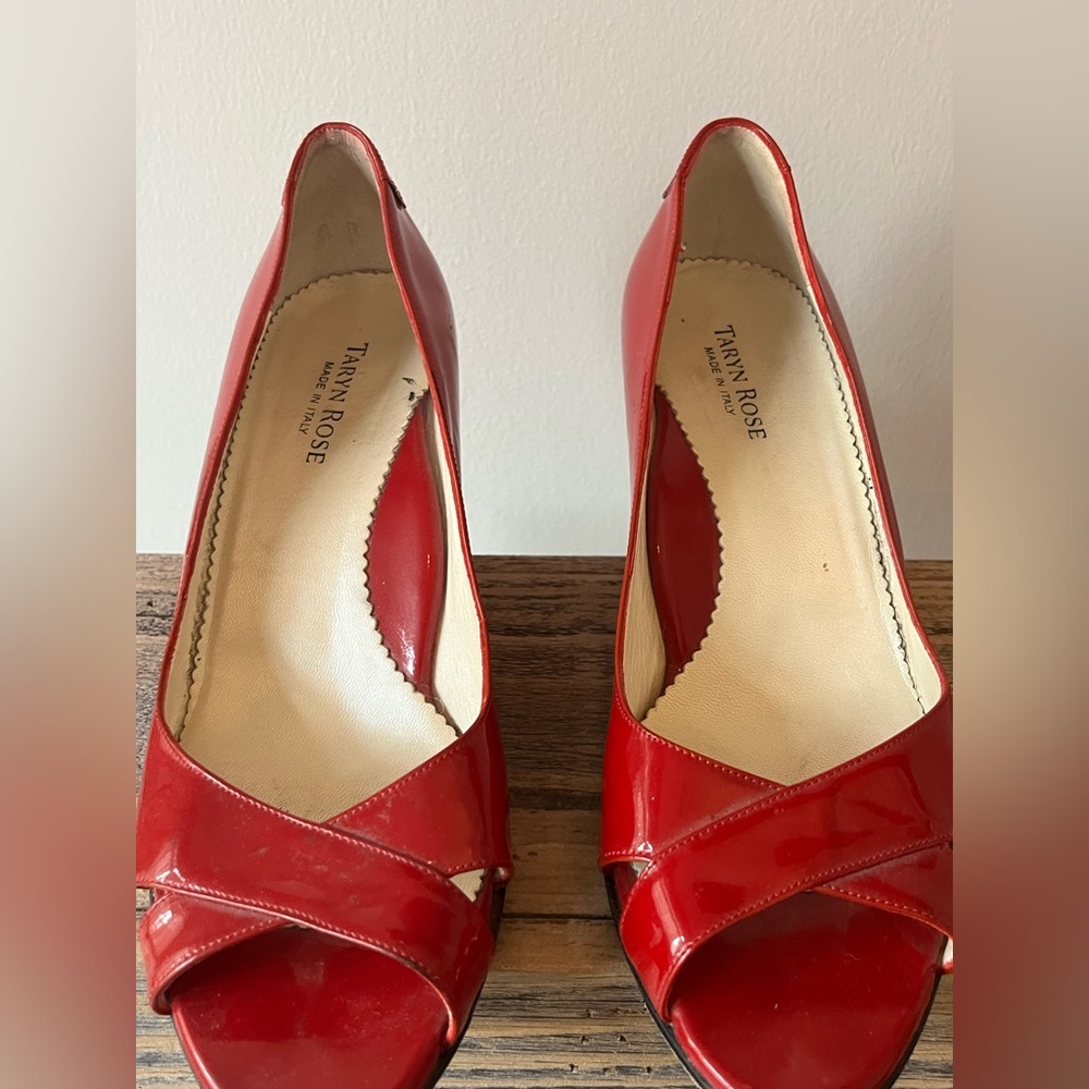 Taryn Rose Red Patent Leather Peep Toe Wedges